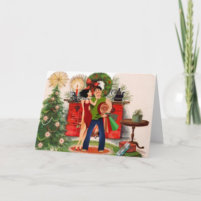 Festiva Tarjeta de Navidades de mujeres sexys y chimenea (Anverso)