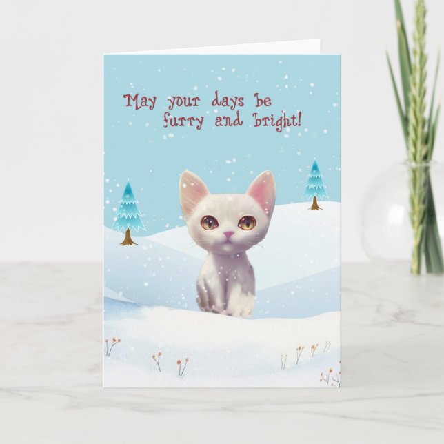 Festiva Tarjeta de Navidades de nieve de gato blanco lindo (Anverso)