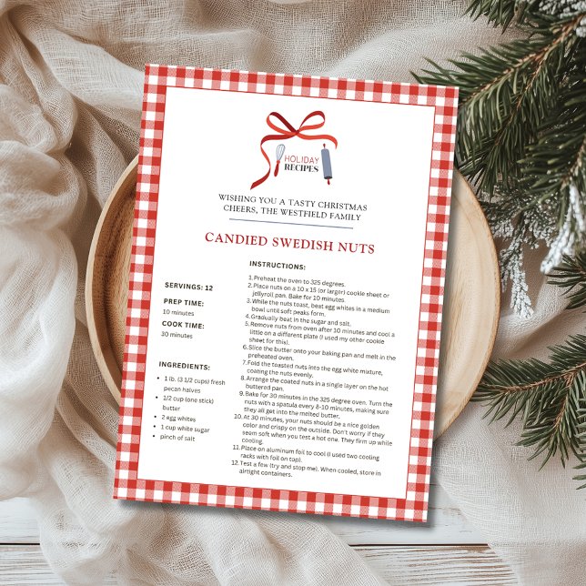 Festiva Tarjeta de Navidades de nueces suecas de recetas n (Candied Swedish Nuts Red Check Buffalo Plaid Holiday Recipe Christmas Card)