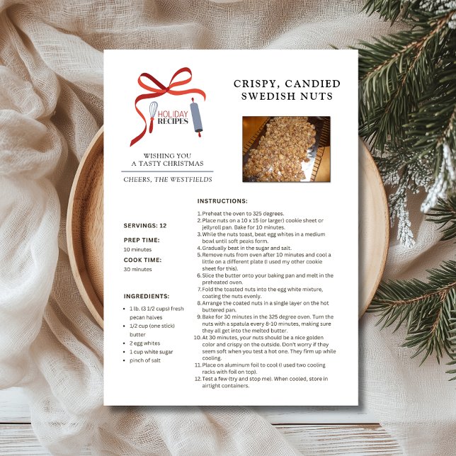 Festiva Tarjeta de Navidades de nueces suecas de recetas n (Holiday Recipes Crispy Candied Swedish Nuts Christmas Card)