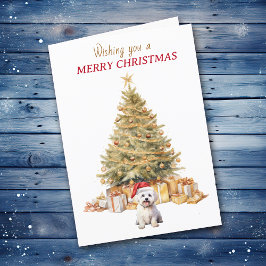 Festiva Tarjeta de Navidades de perros malteses con árbol 