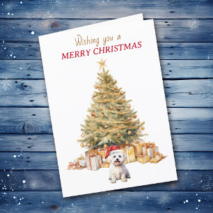 Festiva Tarjeta de Navidades de perros malteses con árbol
