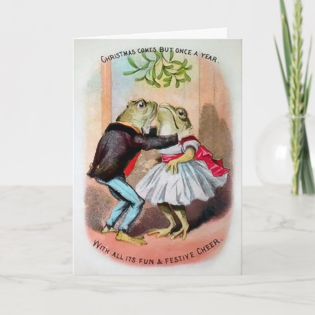 Festiva Tarjeta de Navidades de ranas Mistletoe de Victori (Anverso)