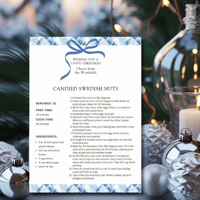Festiva Tarjeta de Navidades de recetas de nueces suecas c (Dusty Blue Check Pattern Candied Swedish Nuts Recipe Christmas Card)