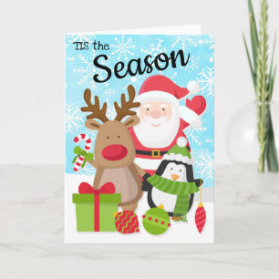 Festiva Tarjeta de Navidades de Santa, Reno y Pingüino