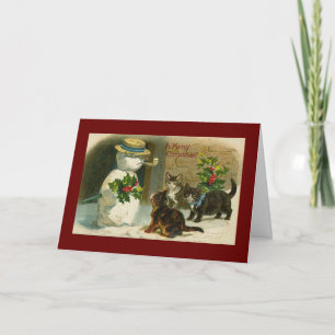 Festiva Tarjeta de navidades de snowman y gatos vintage