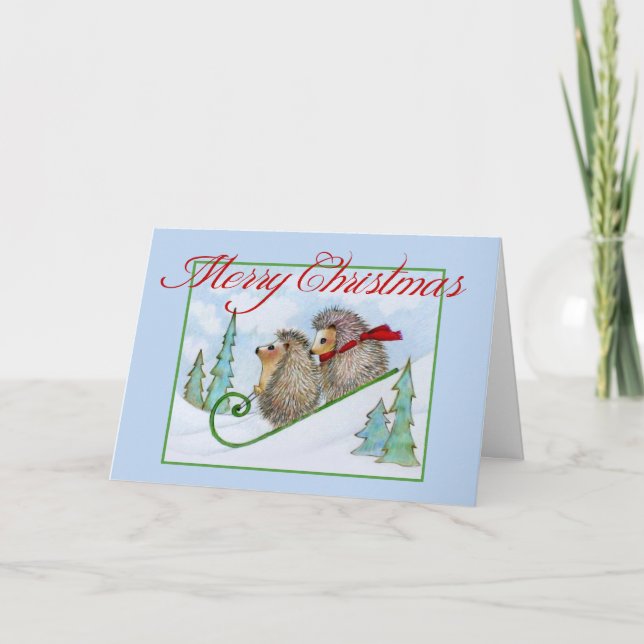 Festiva Tarjeta de Navidades de Snowy Hedgehog Sled (Anverso)