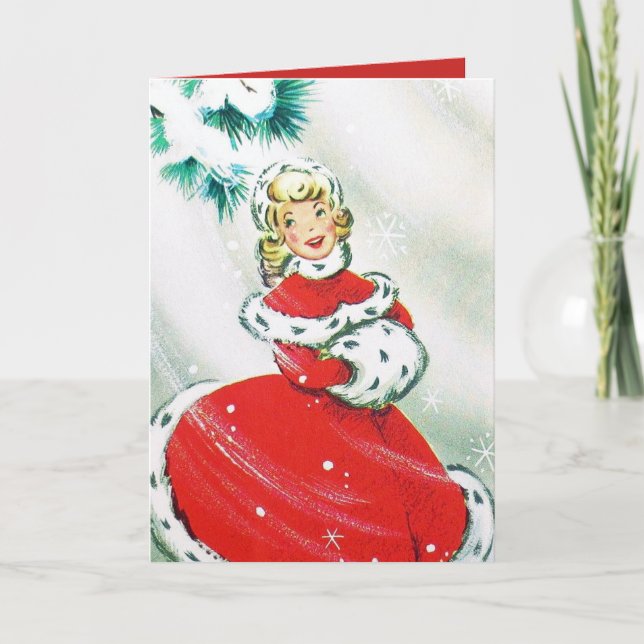 Festiva Tarjeta de Navidades de vacaciones de señora retro (Anverso)