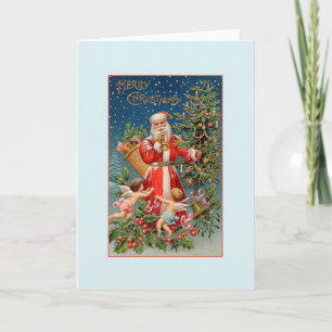 Festiva Tarjeta de Navidades de Vintage Santa Claus y Ange