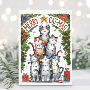 Festiva Tarjeta de Navidades de Watercolor Funny Merry Cat