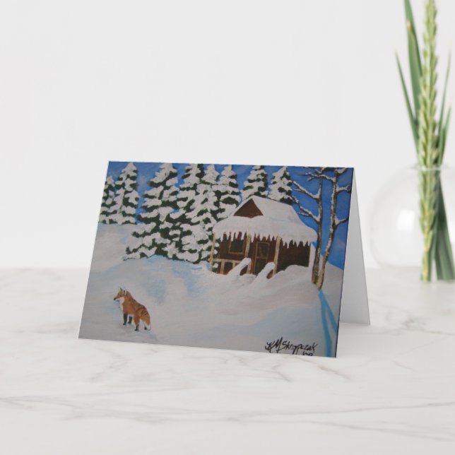 Festiva Tarjeta de Navidades de Winter Cabin Fox (Anverso)