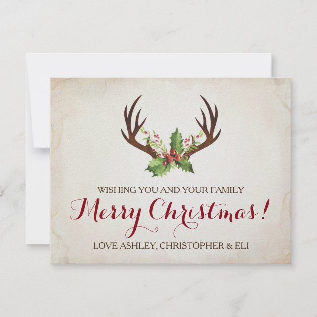 Festiva Tarjeta de Navidades Deer Antlers ~ Rustic (Anverso)
