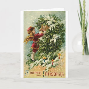Festiva Tarjeta de Navidades del Ángel Victoriano Y Santa