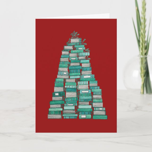 Festiva Tarjeta de Navidades del árbol del libro: fondo ro (Anverso)