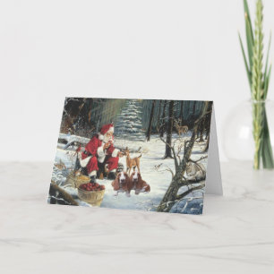 Festiva Tarjeta de Navidades del Hound Basset Santa Woods