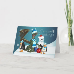 Festiva Tarjeta de Navidades Dragón y Pingüino, saludo de