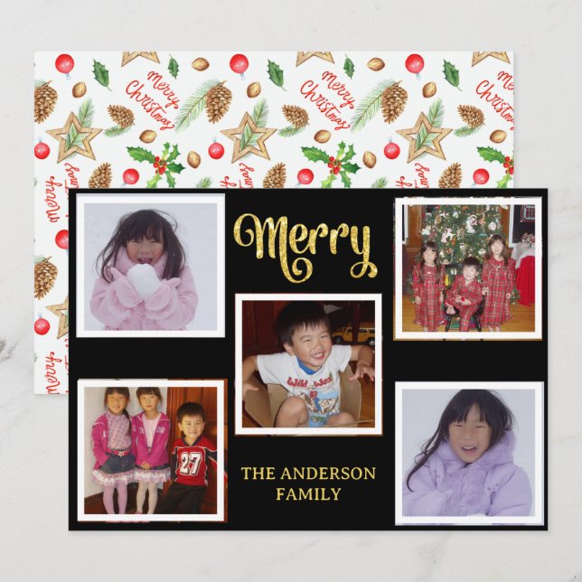 Festiva Tarjeta de Navidades familiares de cinco fotos (Anverso / Reverso)