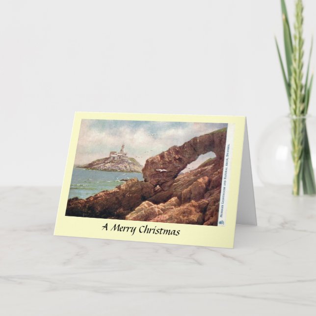 Festiva Tarjeta de Navidades - Faro de las Mumbles, Swanse (Anverso)