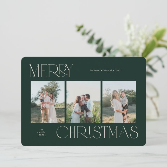 Festiva Tarjeta de Navidades festivos de 3 fotografías (Anverso de pie)
