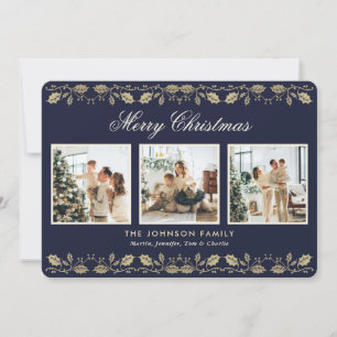Festiva Tarjeta de Navidades fotográficos Blue Gold Holly
