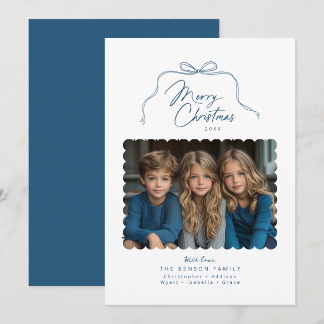 Festiva Tarjeta de Navidades fotográficos Blue Simple Bow (Anverso / Reverso)