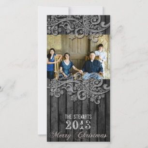 Festiva Tarjeta de Navidades fotográficos de color plata d
