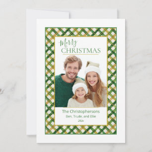 Festiva Tarjeta de Navidades fotográficos Green Gold Plaid
