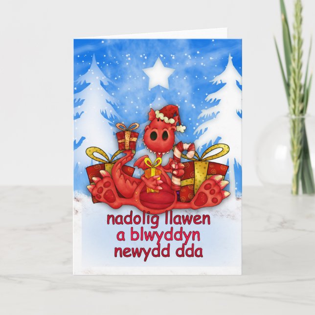 Festiva Tarjeta de Navidades galeses - Dragón rojo - Nadol (Anverso)
