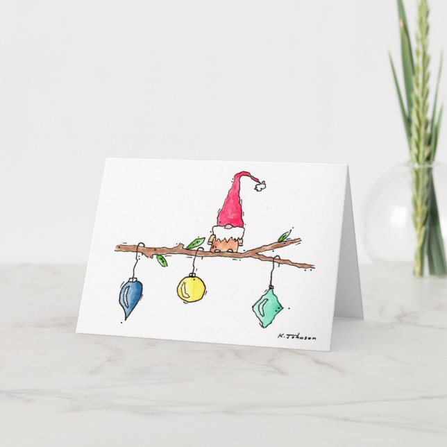 Festiva Tarjeta de Navidades Gnome, Twig y Ornaments (Anverso)