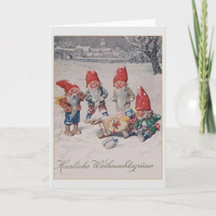 Festiva Tarjeta de Navidades Gnomes/Enanos Alemanes Vintag