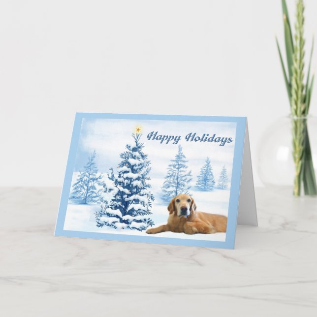 Festiva Tarjeta de Navidades Golden Retriever Blue Tree2 (Anverso)