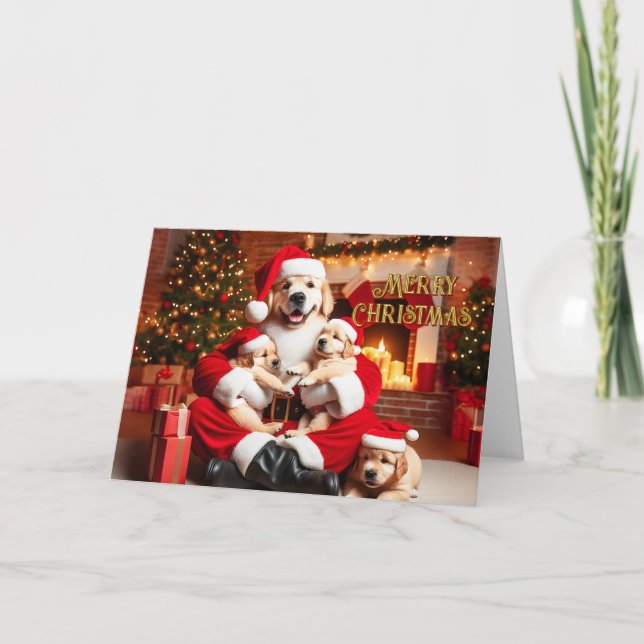 Festiva Tarjeta de Navidades Golden Retriever Santa con Ca (Anverso)
