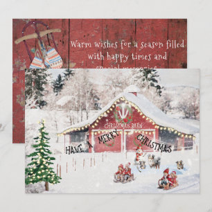 Festiva Tarjeta de navidades, granero, niños, manchas, per