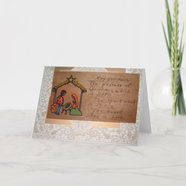 Festiva Tarjeta de Navidades hecha a mano en madera y medi (Anverso)