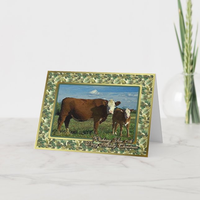 Festiva Tarjeta de Navidades Hereford Cow Y Calf Blank (Anverso)