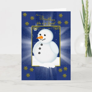 Festiva tarjeta de navidades hermanos, azul con muñeco de 