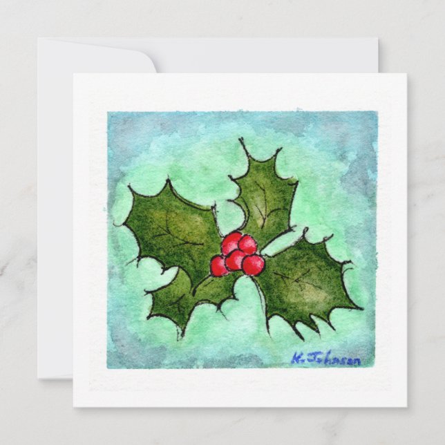 Festiva Tarjeta de Navidades Holly Watercolor (Anverso)