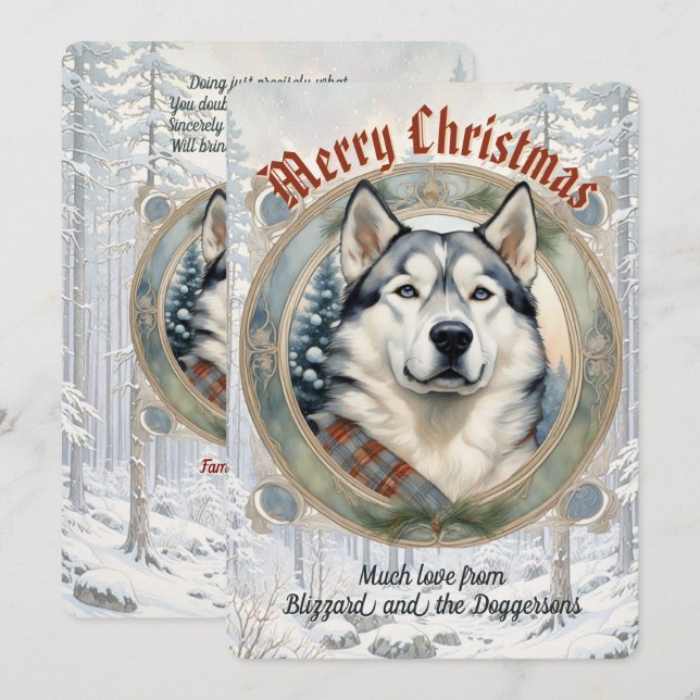 Festiva Tarjeta de Navidades Husky Dog Pine Forest (Anverso / Reverso)