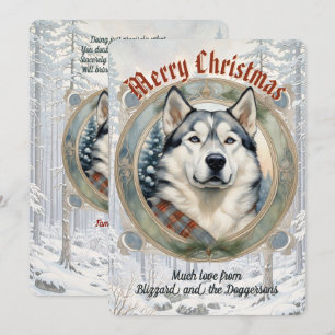 Festiva Tarjeta de Navidades Husky Dog Pine Forest