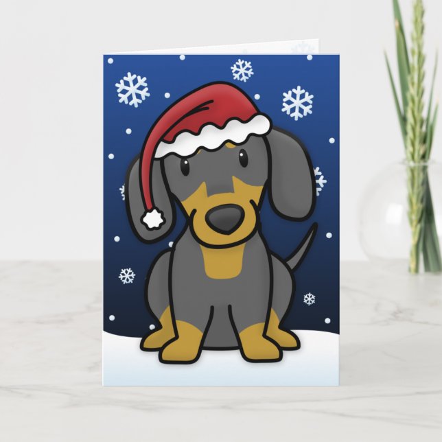 Festiva Tarjeta de Navidades Kawaii Dachshund (Negro y Tan (Anverso)