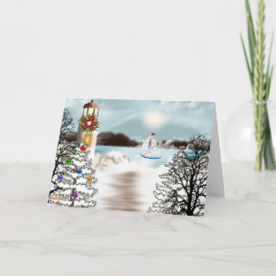 Festiva Tarjeta de Navidades náuticos con faro
