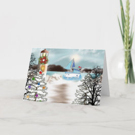 Festiva Tarjeta de Navidades náuticos con faro