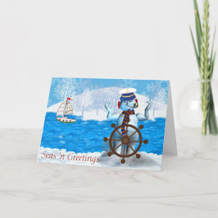 Festiva Tarjeta de Navidades náuticos con muñeco de nieve 