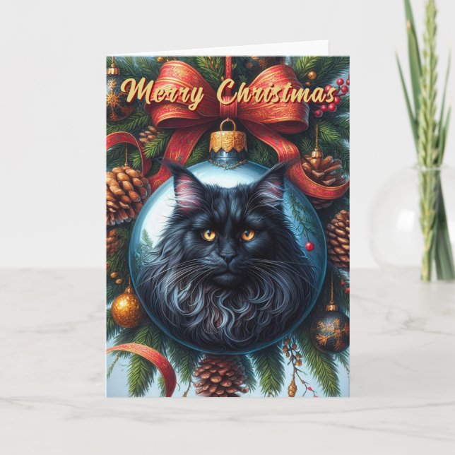 Festiva Tarjeta de Navidades para gato negro Maine Coon (Anverso)
