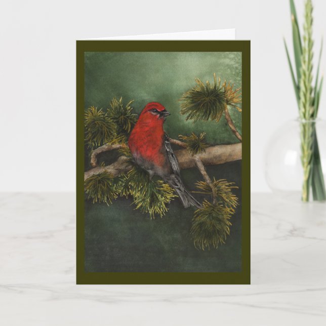 Festiva Tarjeta de Navidades Pine Grosbeak (Anverso)
