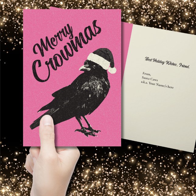 Festiva Tarjeta de Navidades plegados con cruces de moras  (Gothic Christmas vibes make your holiday greeting card stand out with this black and pink crow card.)