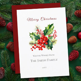 Festiva Tarjeta de Navidades Red & Green Watercolor Holly