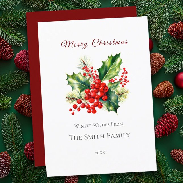 Festiva Tarjeta de Navidades Red & Green Watercolor Holly (Subido por el creador)