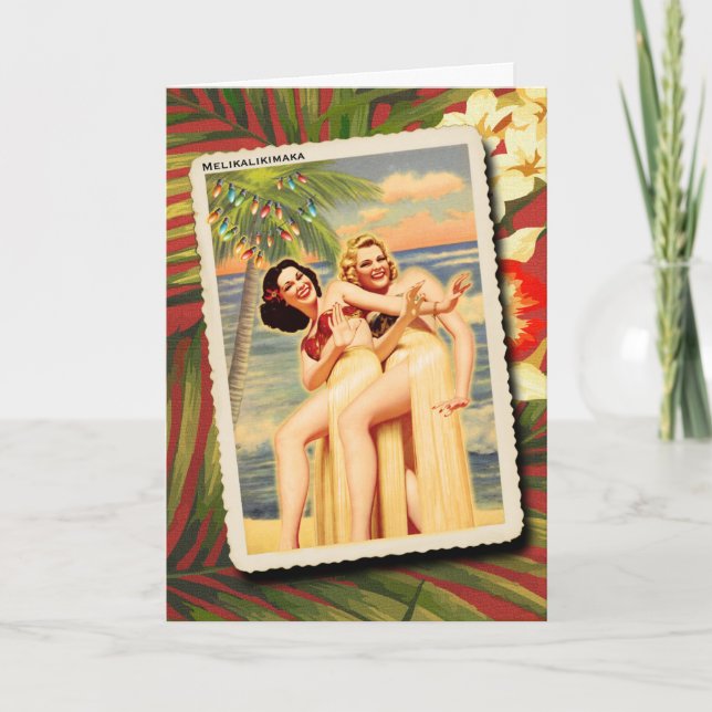 Festiva Tarjeta de Navidades Retro de Chicas Hula (Anverso)