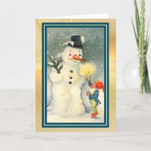 Festiva Tarjeta de Navidades Retro Elf y Snowman